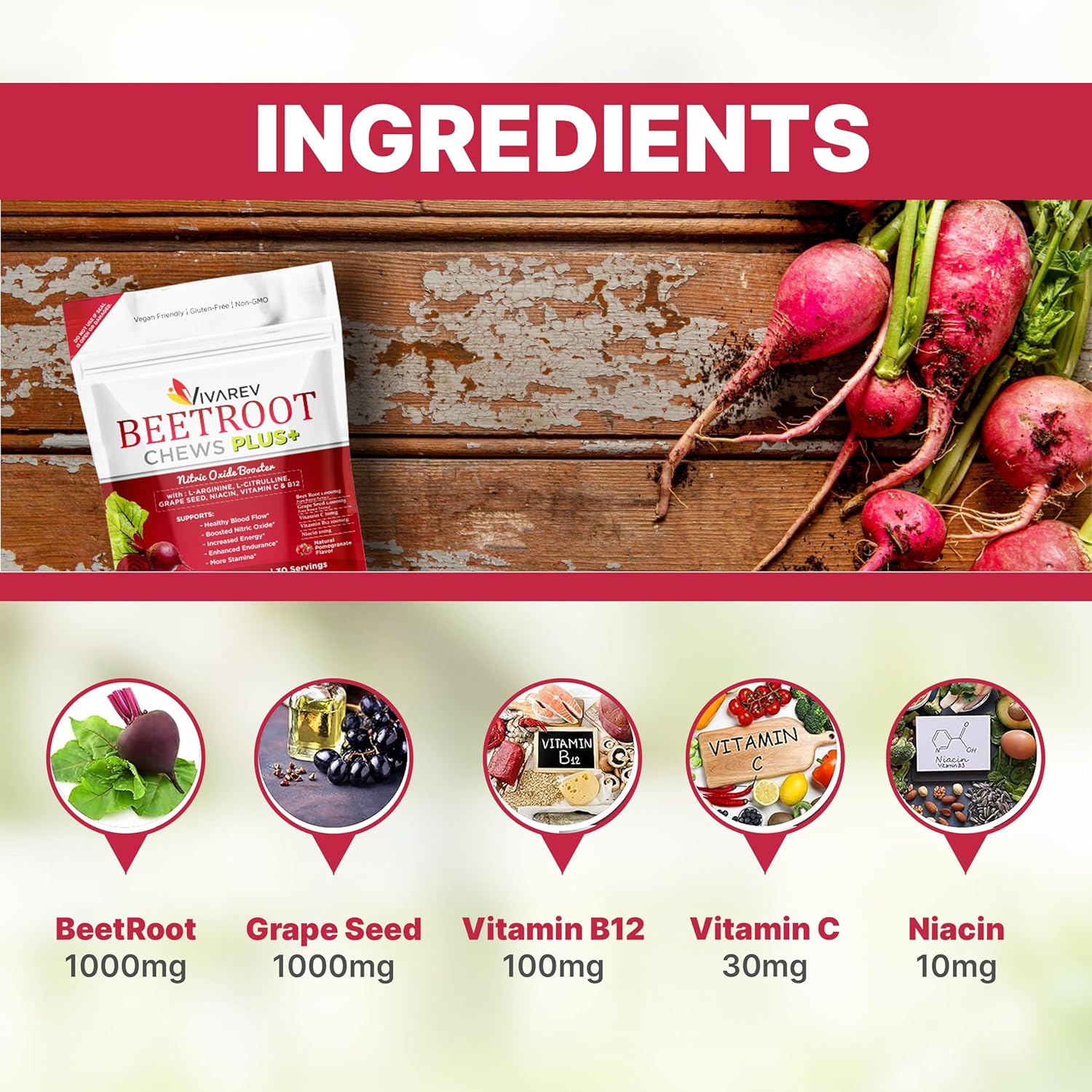 Beetroot Nitric Oxide Supplement Chews with L Arginine, L Citrulline, Grape Seed Extract, Niacin, Vitamin C & B12 - 1000mg Beet Powder - Pack of 60