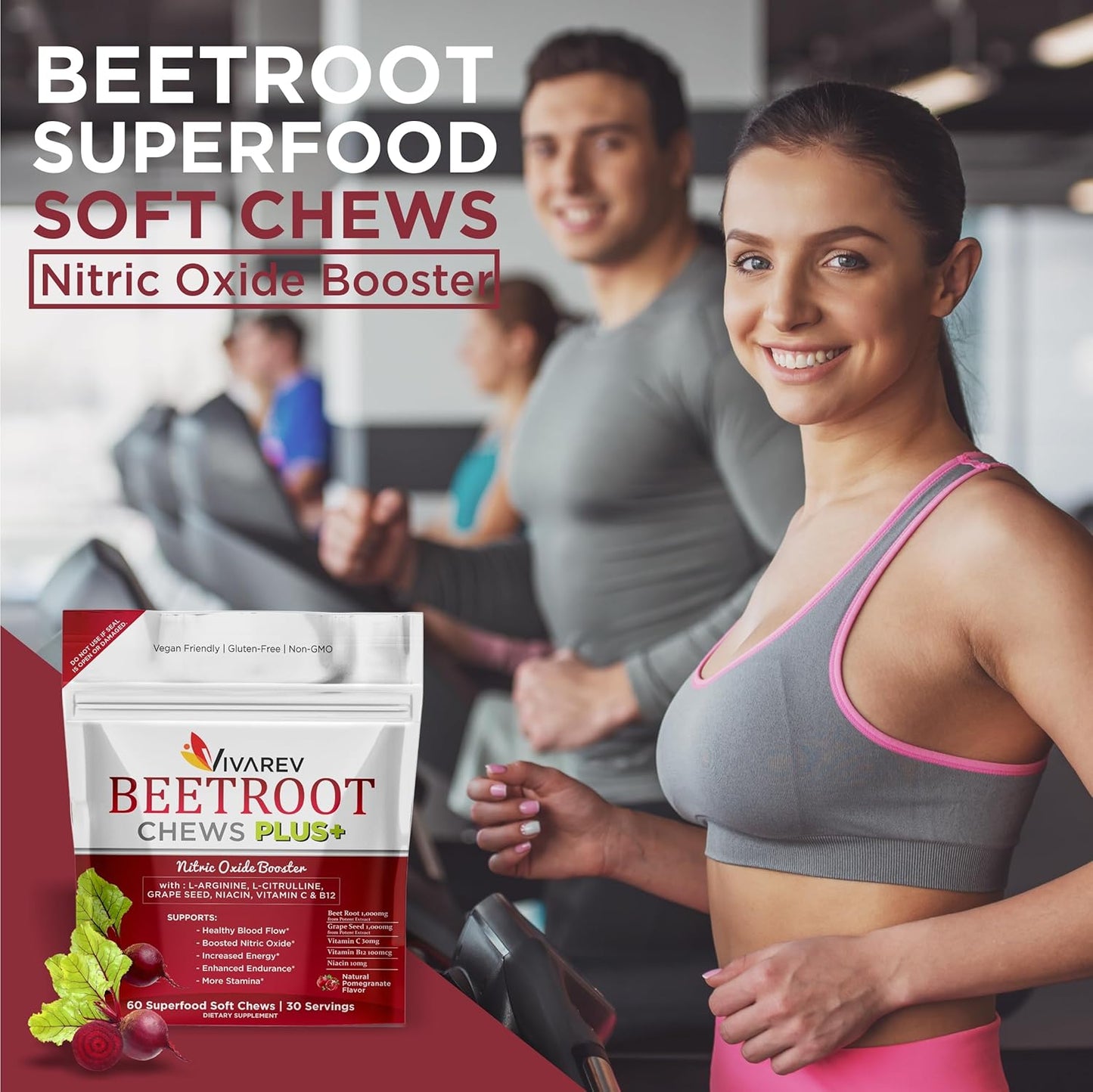 Beetroot Nitric Oxide Supplement Chews with L Arginine, L Citrulline, Grape Seed Extract, Niacin, Vitamin C & B12 - 1000mg Beet Powder - Pack of 60