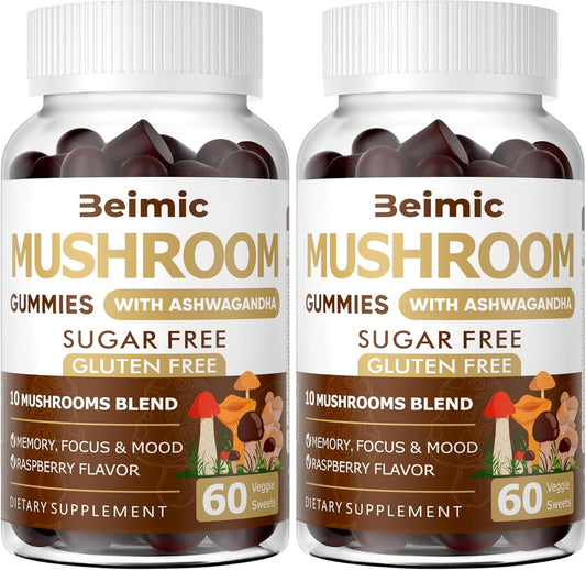 BEIMIC Mushroom Gummies - Nootropic Brain Supplement with 10x Mushrooms, Ashwagandha, Lions Mane, Immune Support & Stress Relief - 240 Chews