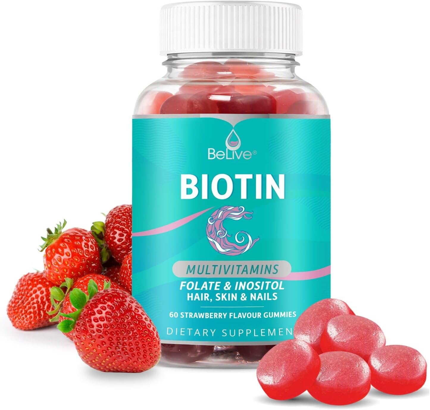 BeLive Biotin Gummies with MultiVitamins and Inositol for Hair, Skin, and Nails - Vegan Strawberry Pectin (1)