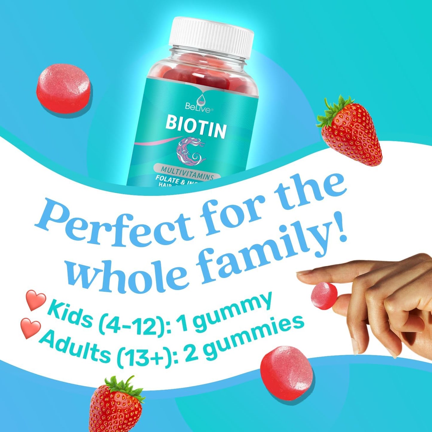 BeLive Biotin Gummies with MultiVitamins and Inositol for Hair, Skin, and Nails - Vegan Strawberry Pectin (1)
