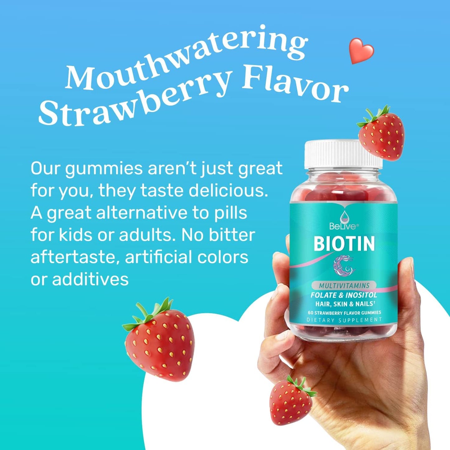 BeLive Biotin Gummies with MultiVitamins and Inositol for Hair, Skin, and Nails - Vegan Strawberry Pectin (1)
