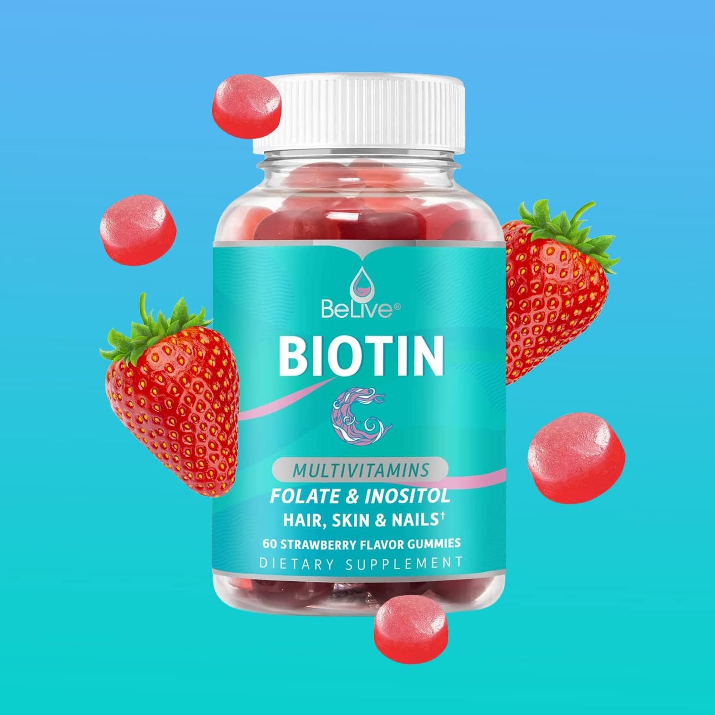 BeLive Biotin Gummies with MultiVitamins and Inositol for Hair, Skin, and Nails - Vegan Strawberry Pectin (1)