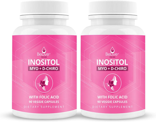 BeLive Myo-Inositol & D-Chiro Inositol Capsules - 90 Count Inositol Supplement for Women with Folic Acid - 40:1 Ratio - 2 Pack