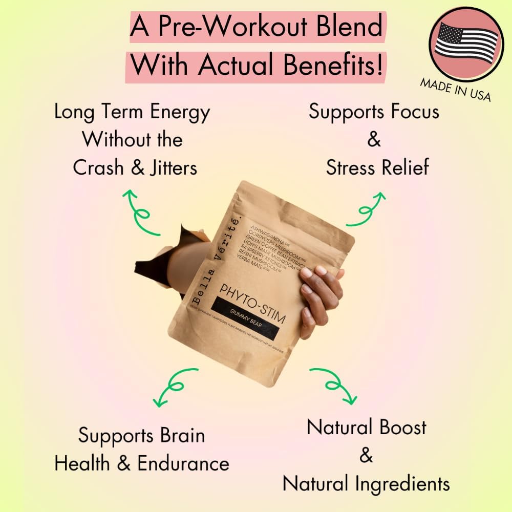 Bella Vérité Phyto Stim Natural Pre Workout Powder - Energy Boost with Yerba Mate, Ashwagandha, Mushroom & Caffeine - Gummy Bear Flavor - 30 Servings