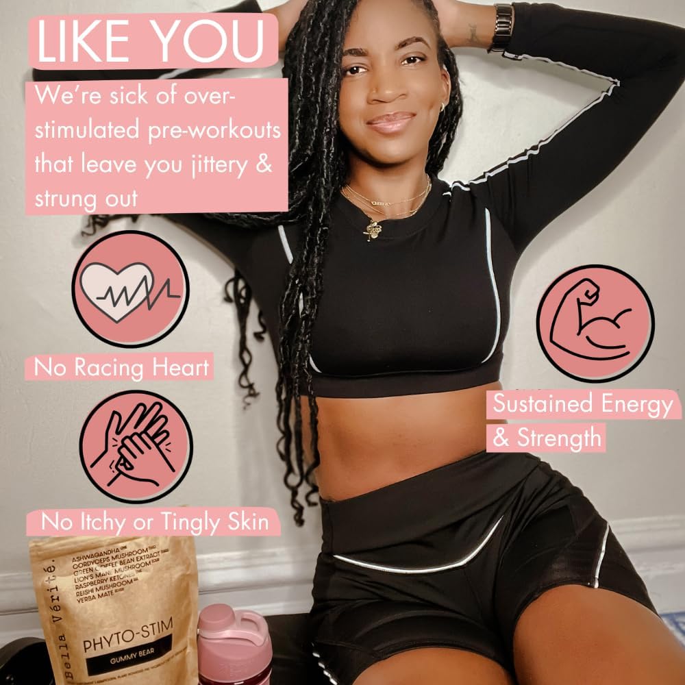 Bella Vérité Phyto Stim Natural Pre Workout Powder - Energy Boost with Yerba Mate, Ashwagandha, Mushroom & Caffeine - Gummy Bear Flavor - 30 Servings