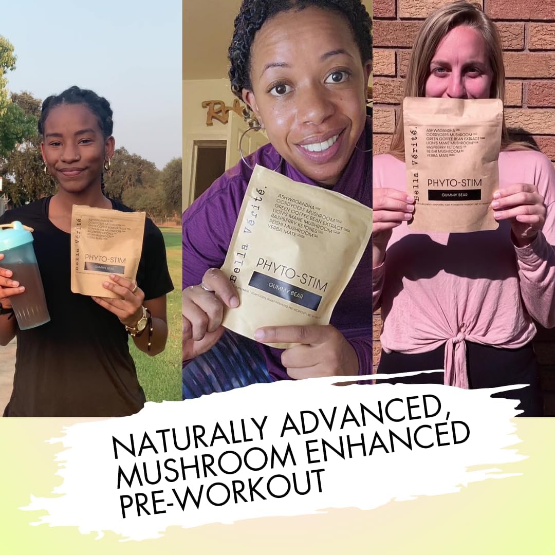 Bella Vérité Phyto Stim Natural Pre Workout Powder - Energy Boost with Yerba Mate, Ashwagandha, Mushroom & Caffeine - Gummy Bear Flavor - 30 Servings