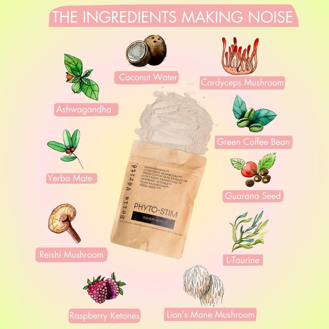 Bella Vérité Phyto Stim Natural Pre Workout Powder - Energy Boost with Yerba Mate, Ashwagandha, Mushroom & Caffeine - Gummy Bear Flavor - 30 Servings