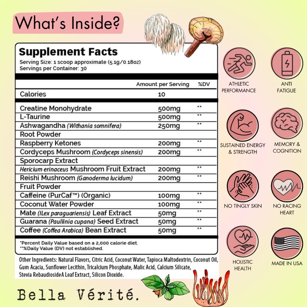 Bella Vérité Phyto Stim Natural Pre Workout Powder - Energy Boost with Yerba Mate, Ashwagandha, Mushroom & Caffeine - Gummy Bear Flavor - 30 Servings
