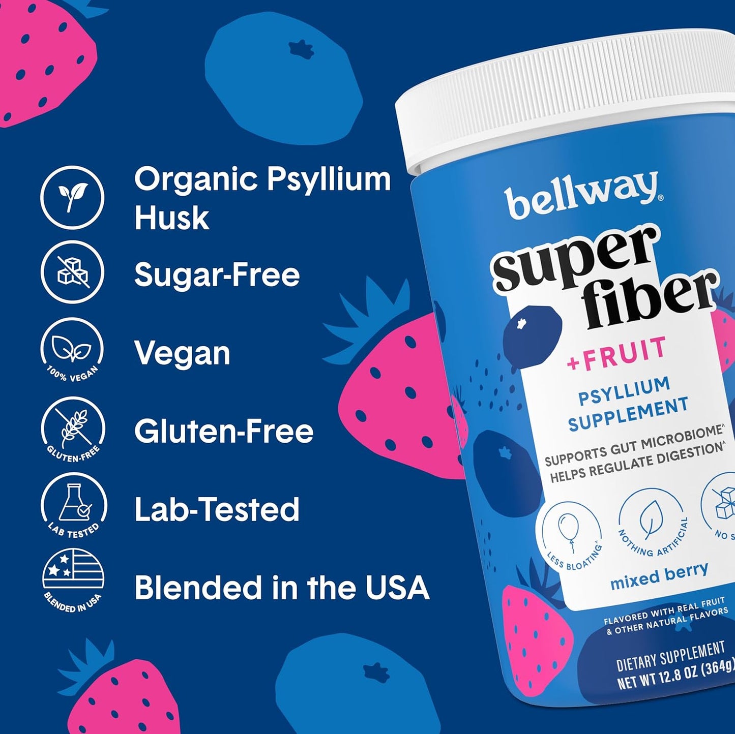 Bellway Mixed Berry Super Fiber Powder with Fruit and Collagen Boost in Strawberry Lemonade Flavor