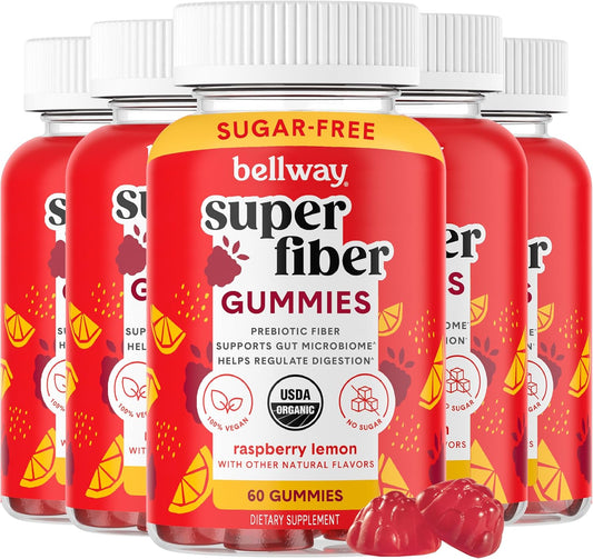 Bellway Super Fiber Gummies (5 Pack) - Organic Prebiotic Chicory Root Fiber Supplement for Adults, Raspberry Lemon Flavor, Sugar Free, 4g Fiber per Serving, 300 Count