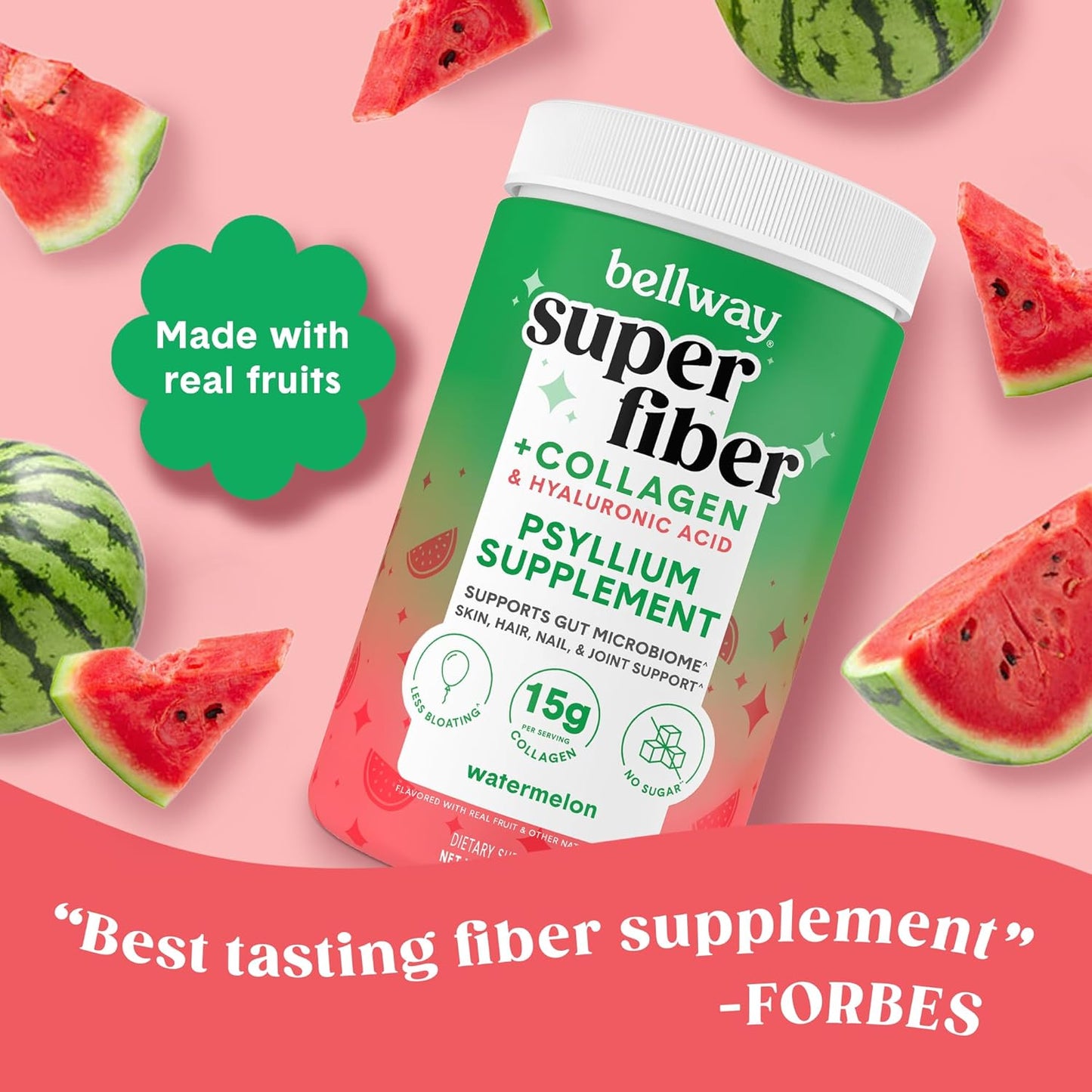 Bellway Super Fiber Powder + Collagen (4 Pack) - Sugar-Free Psyllium Husk Powder with Collagen Peptides and Hyaluronic Acid - Watermelon Flavor for Gut Health, Skin, Nails, Bones, and Joints - 42.4 oz