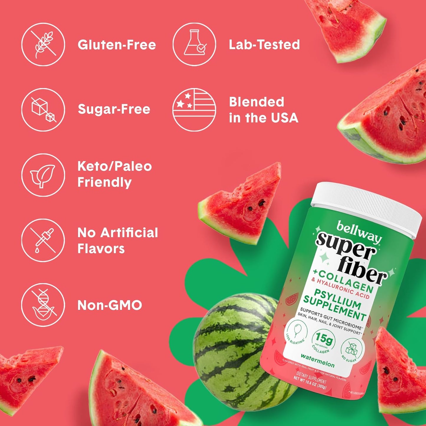 Bellway Super Fiber Powder + Collagen (4 Pack) - Sugar-Free Psyllium Husk Powder with Collagen Peptides and Hyaluronic Acid - Watermelon Flavor for Gut Health, Skin, Nails, Bones, and Joints - 42.4 oz