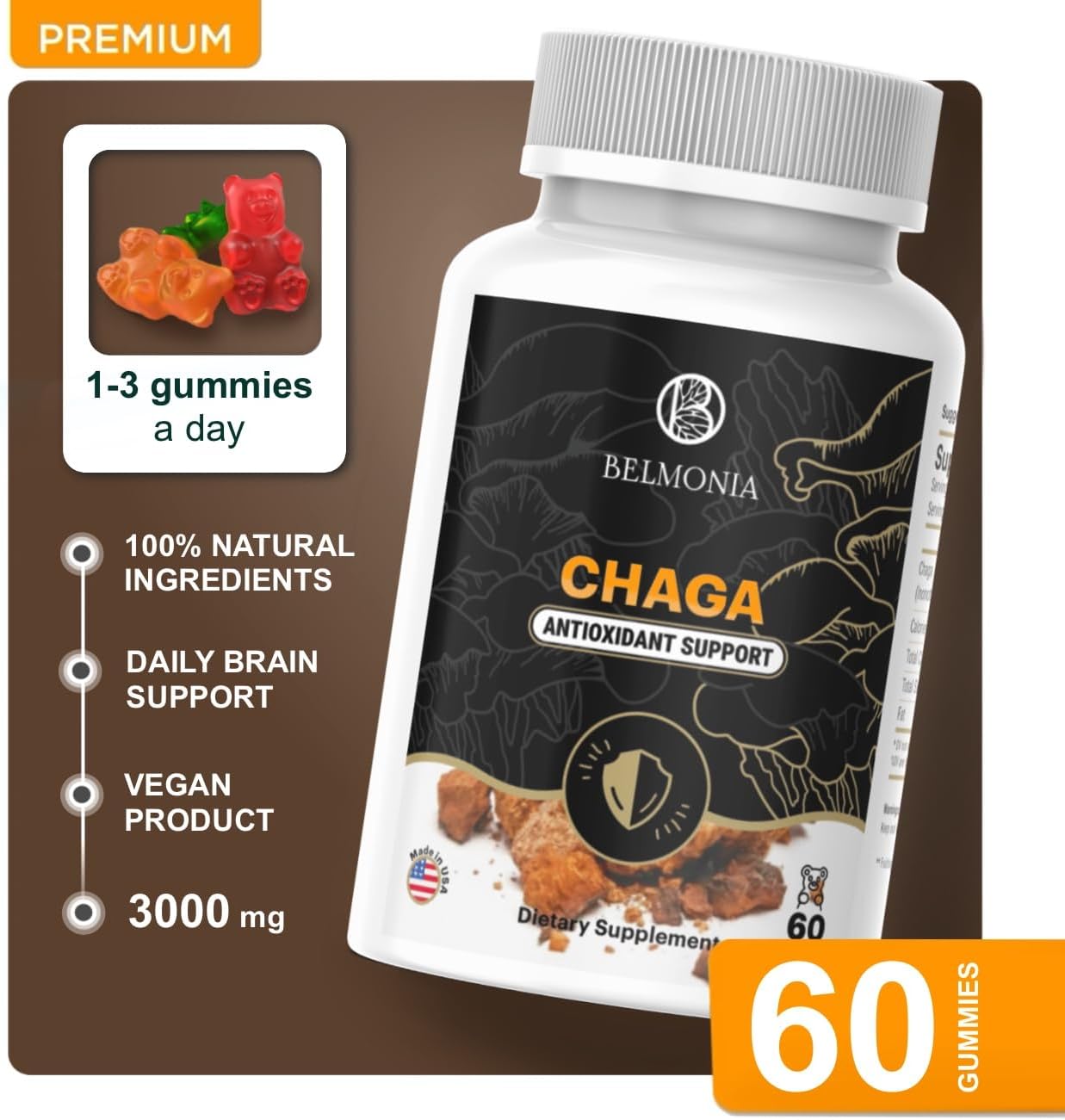 Belmonia Chaga Mushroom Gummies - Immune Support Dietary Supplement - 60 Count - USA Made - Vegan-Friendly & Delicious Antioxidant Gummies