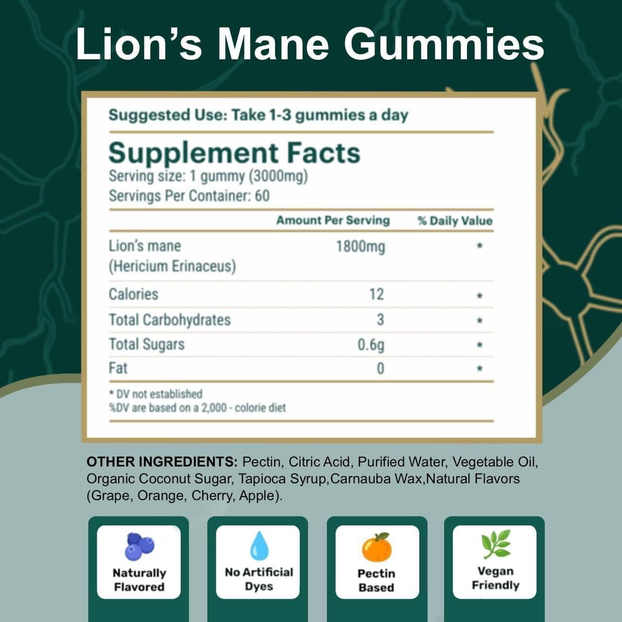Belmonia Lion's Mane Mushroom Gummies - 5400mg per Serving - Cognitive Focus Memory Supplement - 60 Count - Made in USA - Superfood Supplement