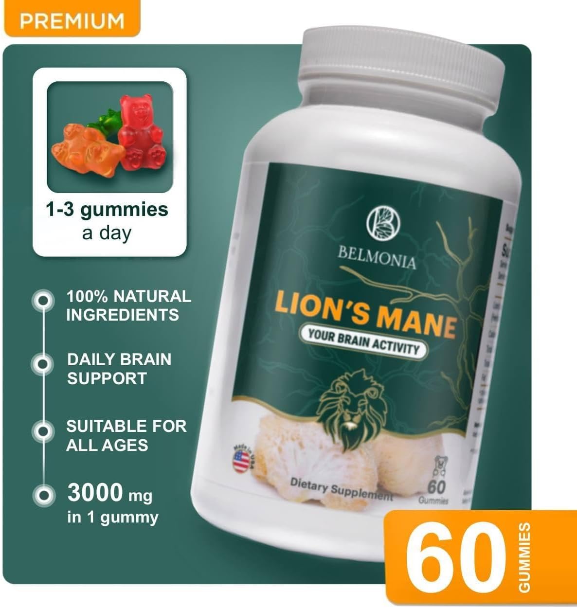 Belmonia Lion's Mane Mushroom Gummies - 5400mg per Serving - Cognitive Focus Memory Supplement - 60 Count - Made in USA - Superfood Supplement