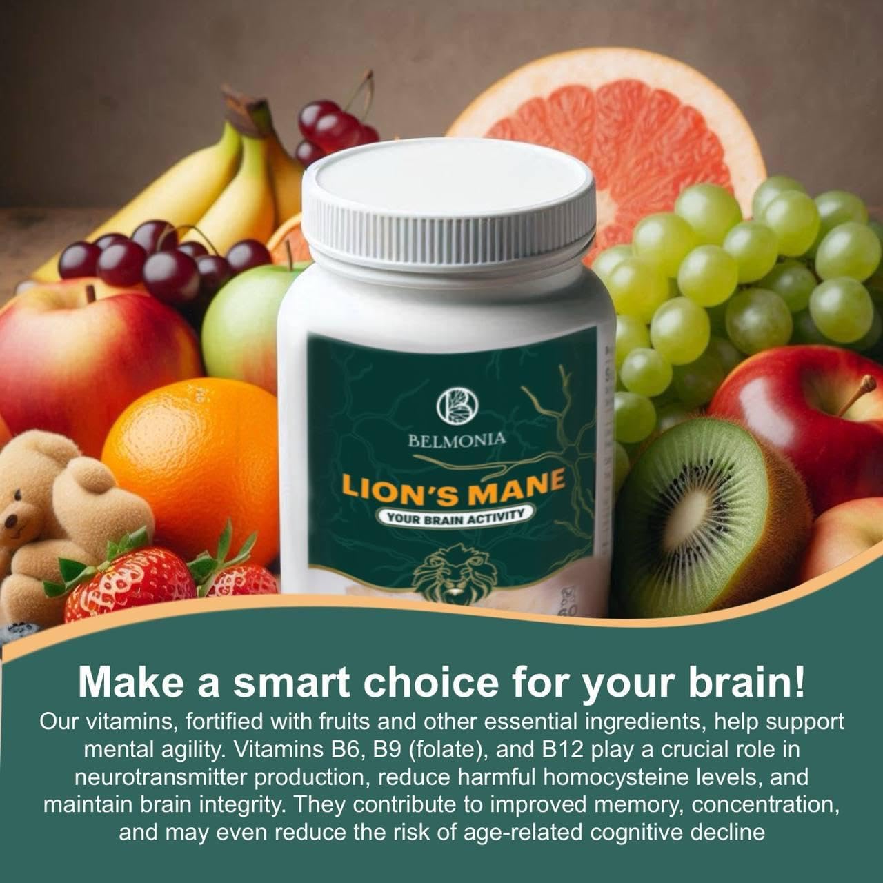 Belmonia Lion's Mane Mushroom Gummies - 5400mg per Serving - Cognitive Focus Memory Supplement - 60 Count - Made in USA - Superfood Supplement