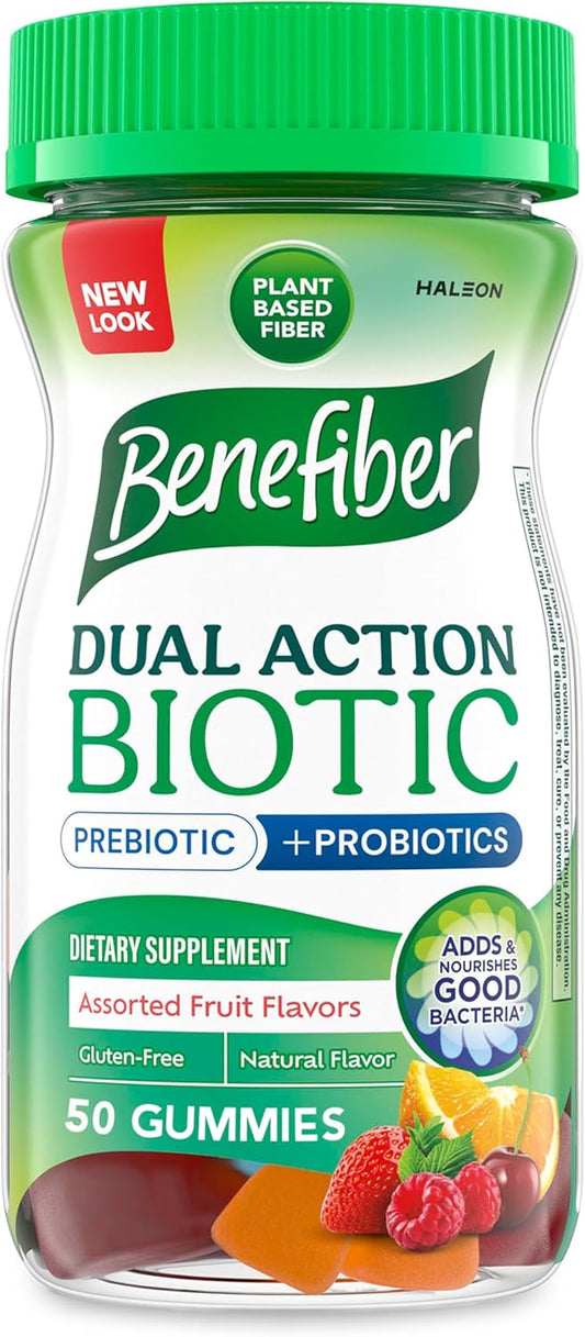 Benefiber Prebiotic Fiber Gummies with Probiotics - Digestive Health Support - 50 Assorted Fruit Flavors
