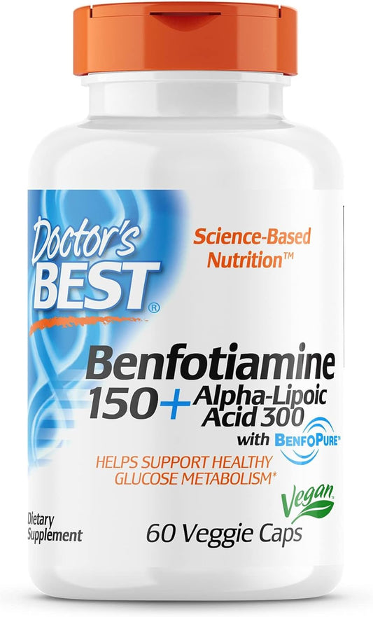 Benfotiamine 150 & Alpha-Lipoic Acid 300 Capsules - Non-GMO, Vegan, Gluten Free - Supports Healthy Blood Sugar Levels - 60 Veggie Capsules