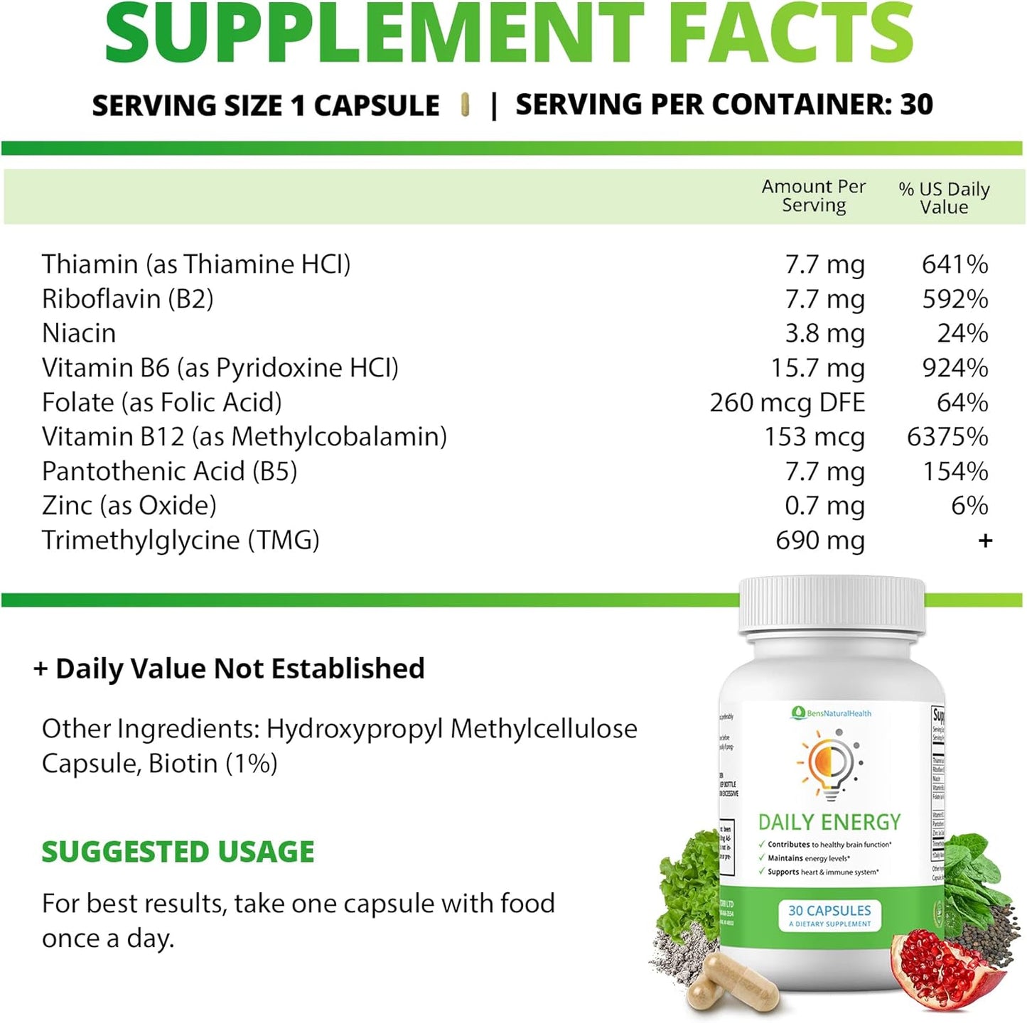 Ben's Natural Health B Complex Energy Supplements with TMG - Memory and Mood Support Vitamins for Women - Herbal Multivitamin for Energy - 3 Month Supply