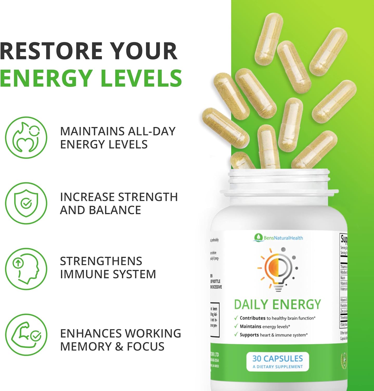 Ben's Natural Health B Complex Energy Supplements with TMG - Memory and Mood Support Vitamins for Women - Herbal Multivitamin for Energy - 3 Month Supply