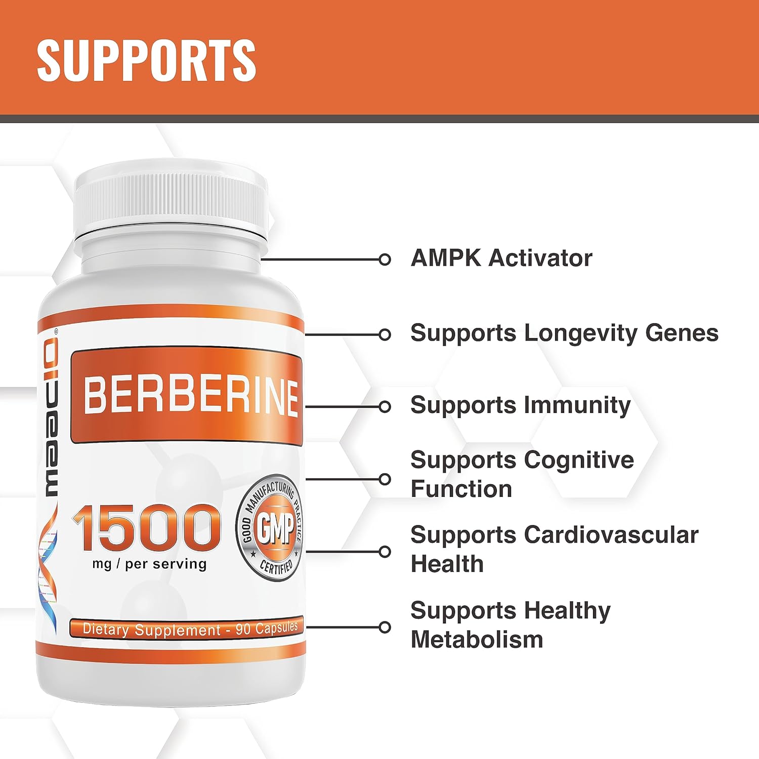 Berberine 1500mg AMPK Activator for Healthy Aging, Heart Health, and Immune Support - Non-GMO, Gluten Free, Vegan - 90 Capsules