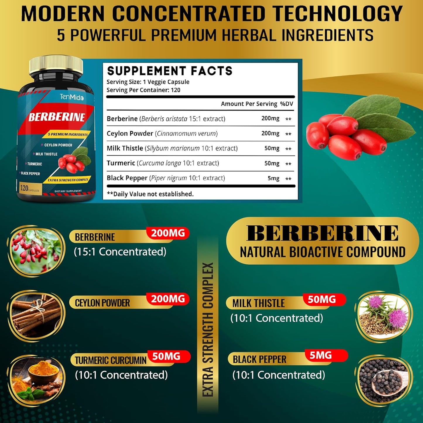 Berberine Extract Capsules with Ceylon, Milk Thistle, Turmeric, Black Pepper - 4 Months Supply - Immune Function & Weight Management Support