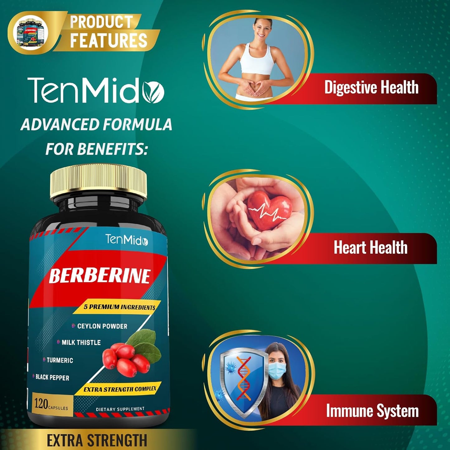 Berberine Extract Capsules with Ceylon, Milk Thistle, Turmeric, Black Pepper - 4 Months Supply - Immune Function & Weight Management Support