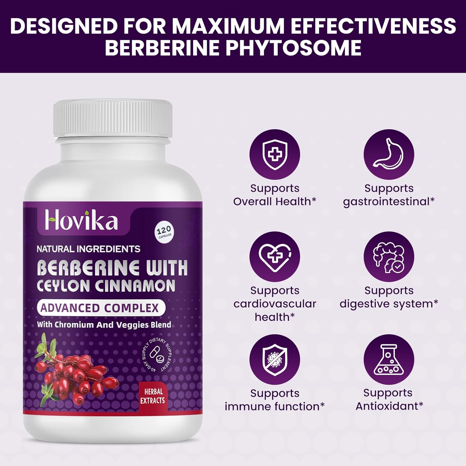 Berberine HCL Capsules 1200mg with Ceylon Cinnamon and Chromium - Metabolism and Immune System Support - 120 Vegan Pills