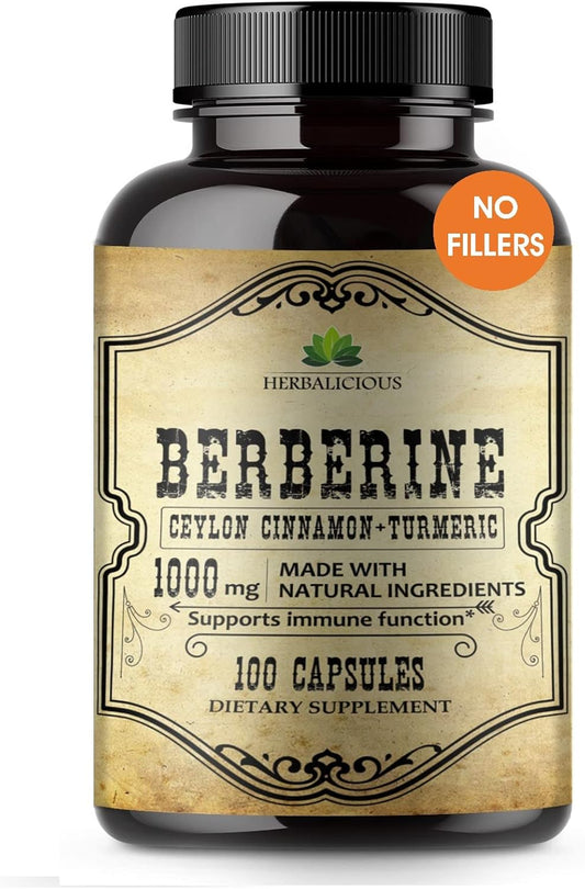 Berberine HCL Capsules with Ceylon Cinnamon & Turmeric - 1000mg Non GMO Supplement for Immune Support, Heart Health, Cholesterol - Men & Women Friendly