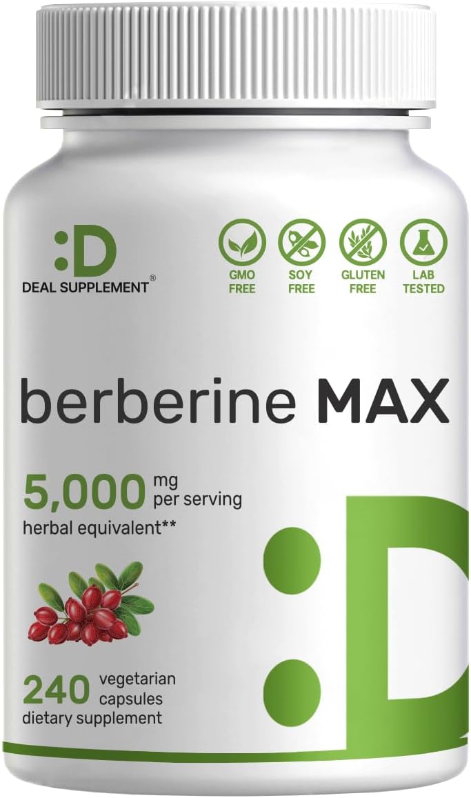 Berberine Max Supplement with Turmeric - 5,000mg Per Serving - 240 Veggie Capsules - 97% Pure Berberine HCL - Non-GMO - Vegetarian Friendly