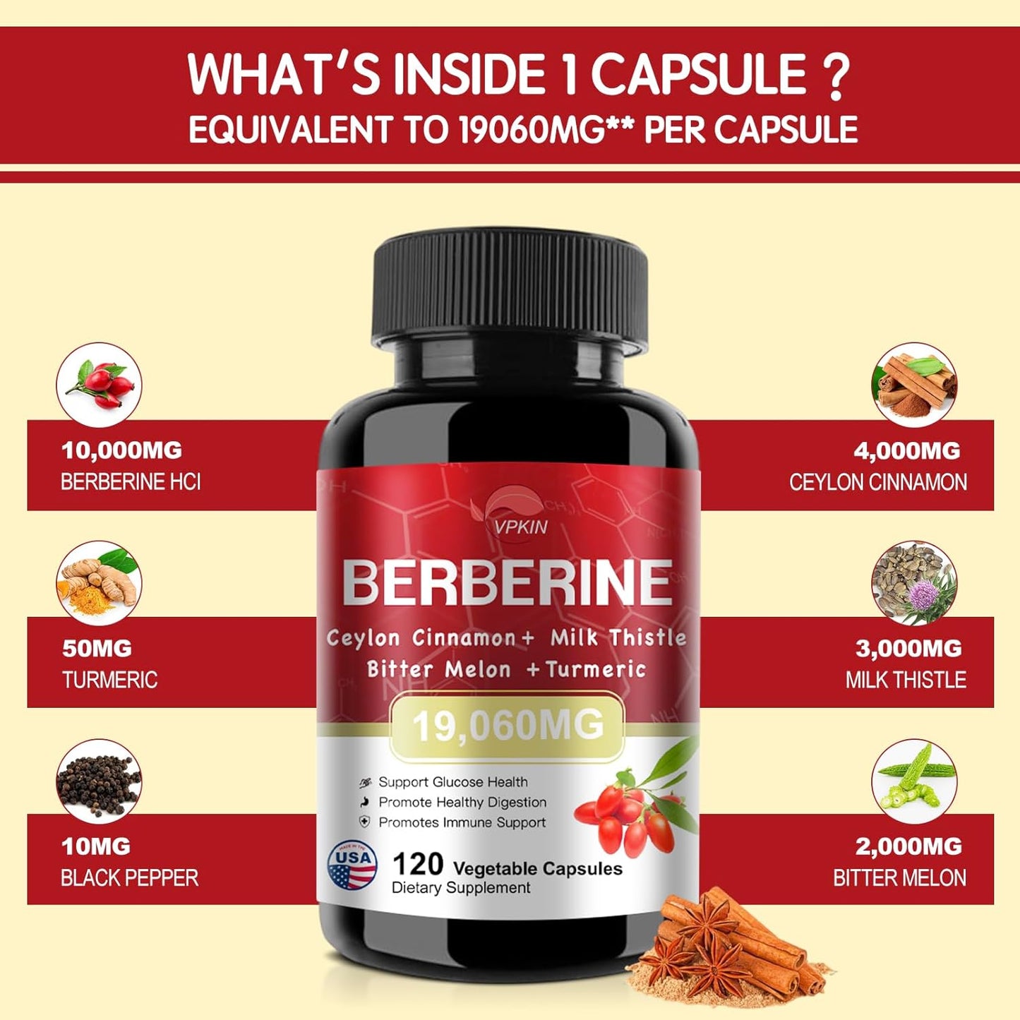 Berberine Supplement 19,060mg with Ceylon Cinnamon, Bitter Melon, Milk Thistle - 120 Capsules