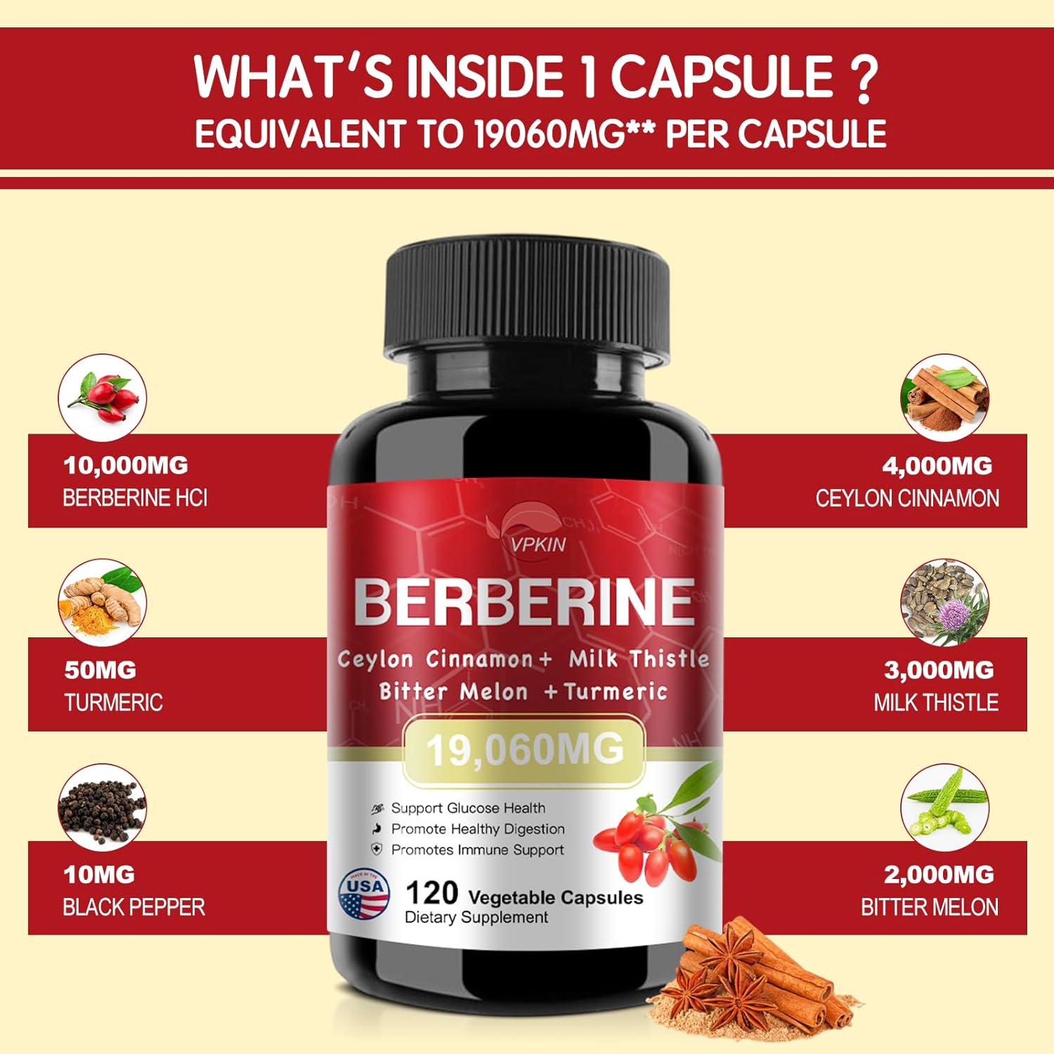 Berberine Supplement 19,060mg with Ceylon Cinnamon, Bitter Melon, Milk Thistle - 120 Capsules