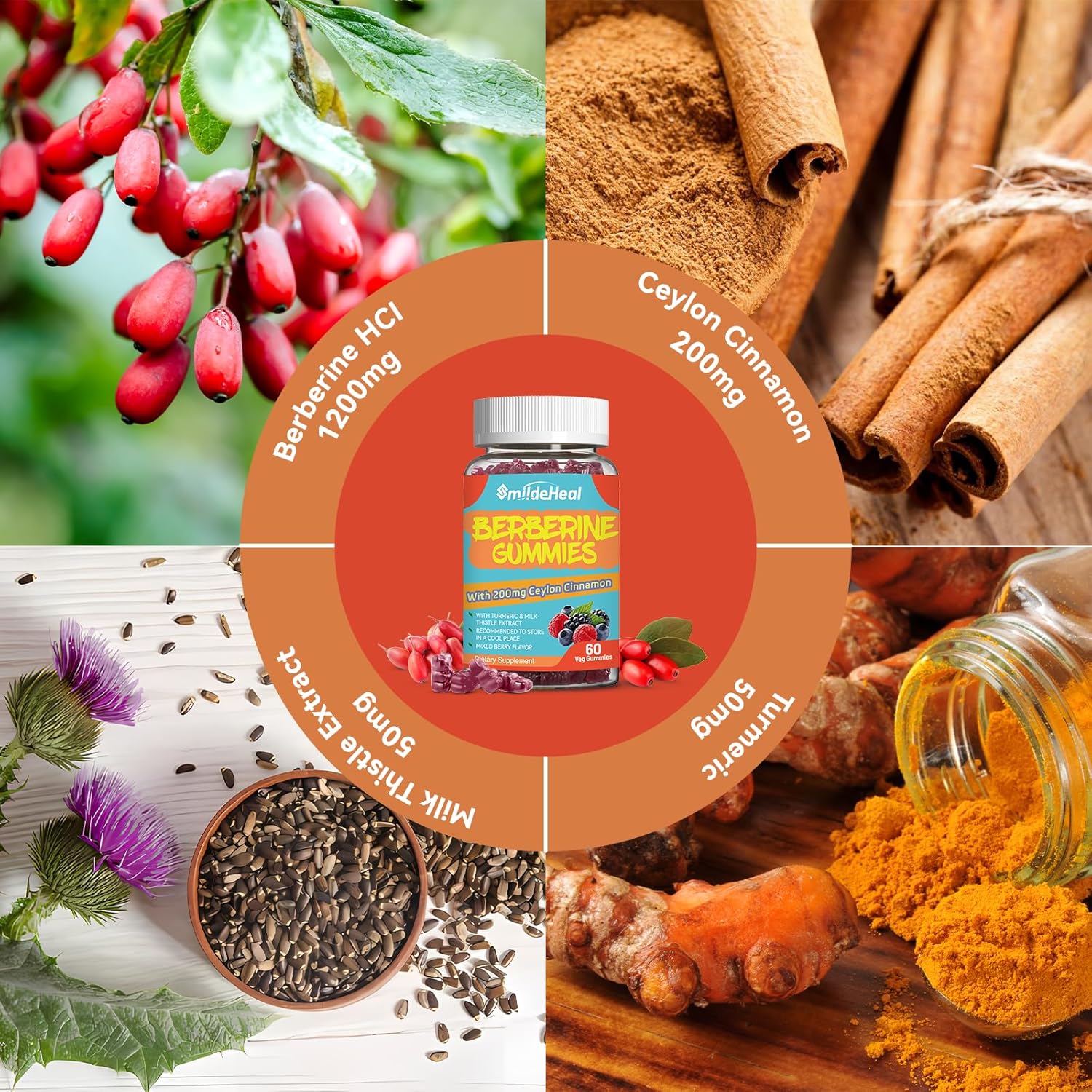 Berberine Supplement Bundle: Gummies, Extract, Cinnamon, Milk Thistle, Turmeric - 1200mg, 60 Count x2 Pack