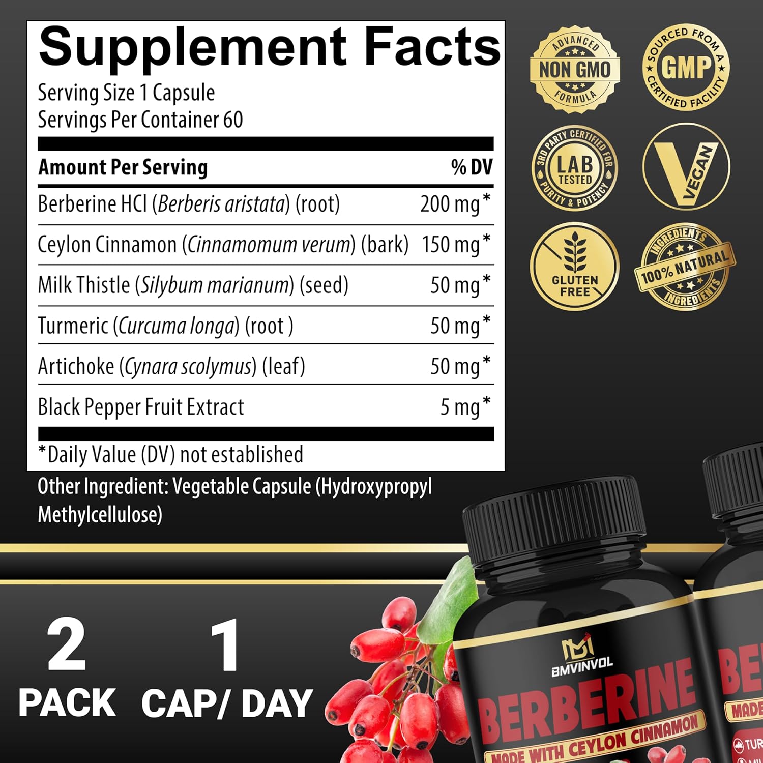 Berberine Supplement Plus Ceylon Cinnamon, Turmeric, Artichoke, Milk Thistle, Black Pepper - 2 Pack - 120 Capsules - 4 Months Supply