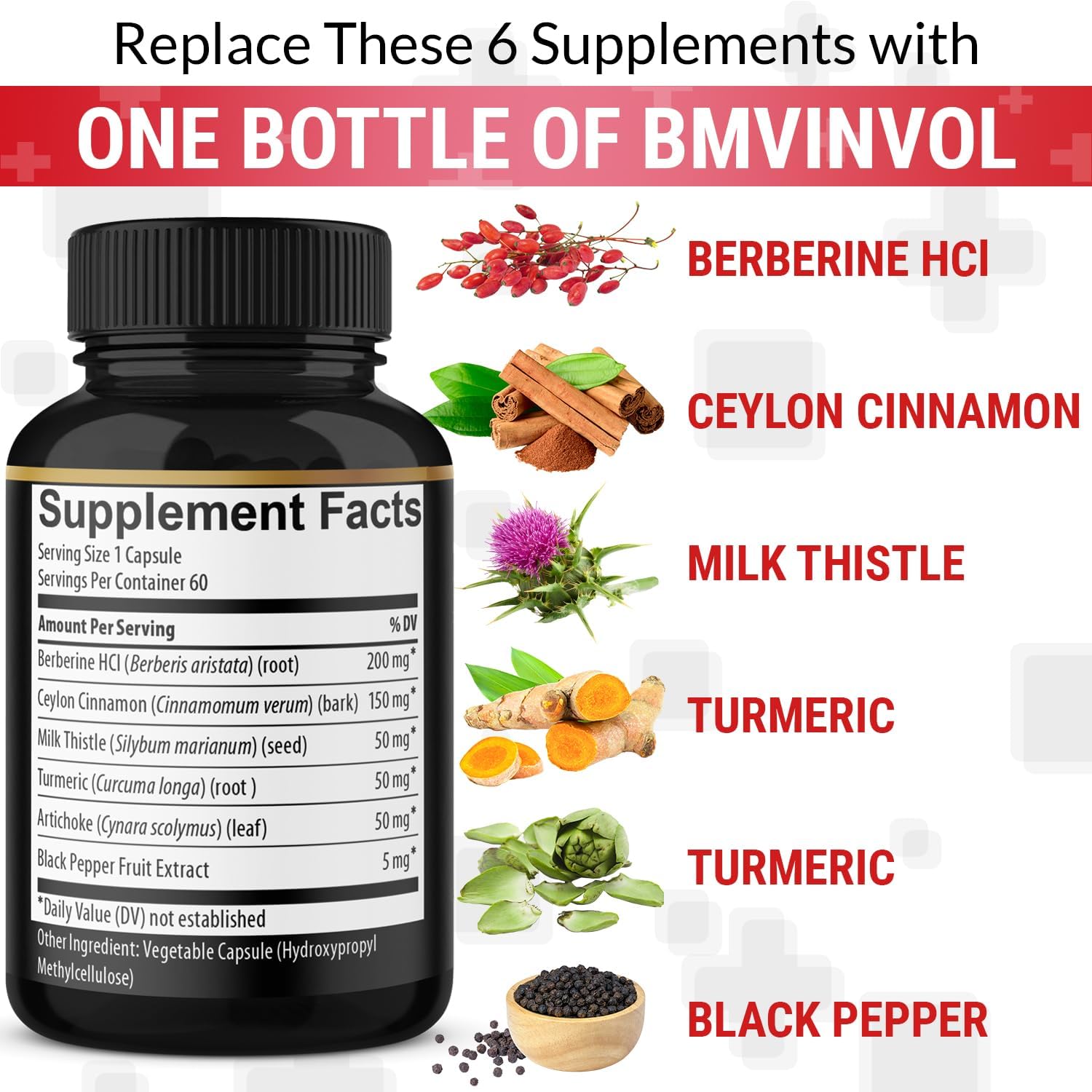Berberine Supplement Plus Ceylon Cinnamon, Turmeric, Artichoke, Milk Thistle, Black Pepper - 2 Pack - 120 Capsules - 4 Months Supply