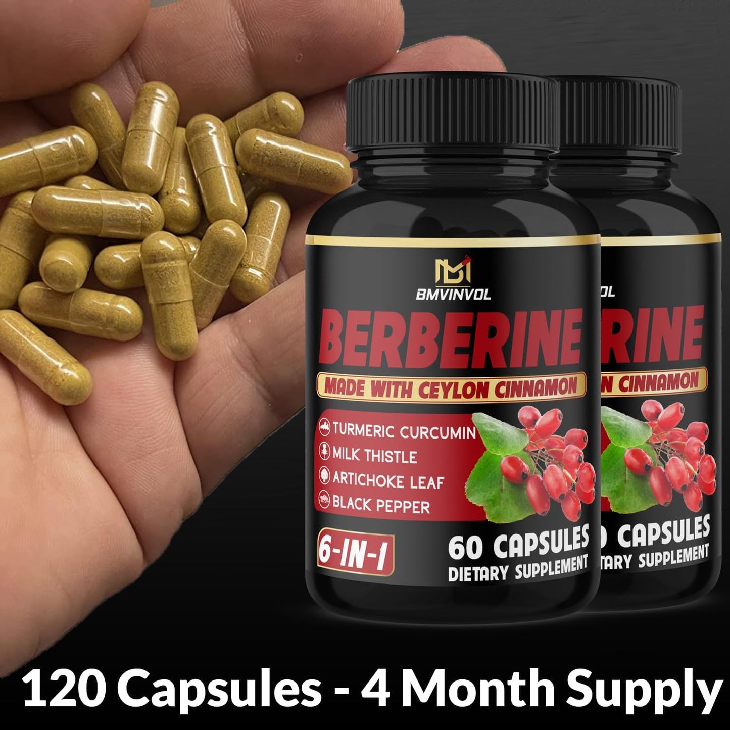 Berberine Supplement Plus Ceylon Cinnamon, Turmeric, Artichoke, Milk Thistle, Black Pepper - 2 Pack - 120 Capsules - 4 Months Supply