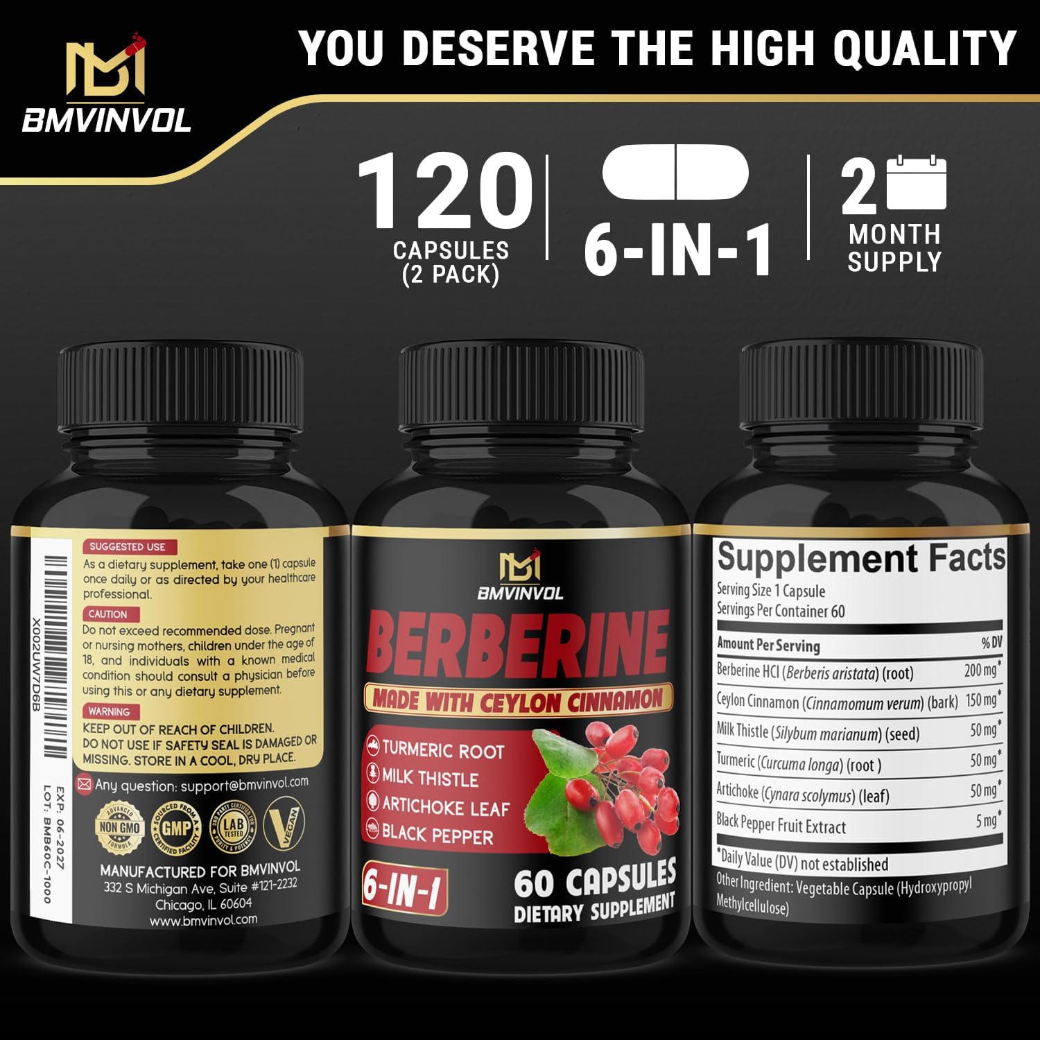 Berberine Supplement Plus Ceylon Cinnamon, Turmeric, Artichoke, Milk Thistle, Black Pepper - 2 Pack - 120 Capsules - 4 Months Supply