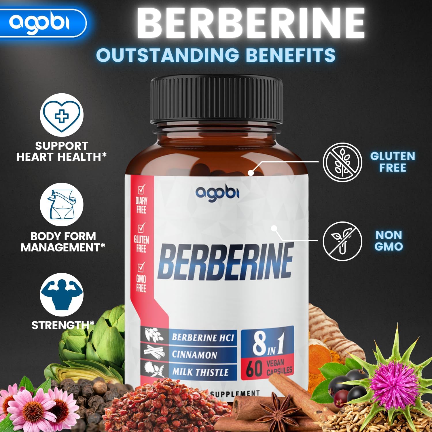 Berberine Supplement with Ceylon, Milk Thistle, Turmeric, Elderberry - 60 Count for Immune, Cardiovascular & Gastrointestinal Support