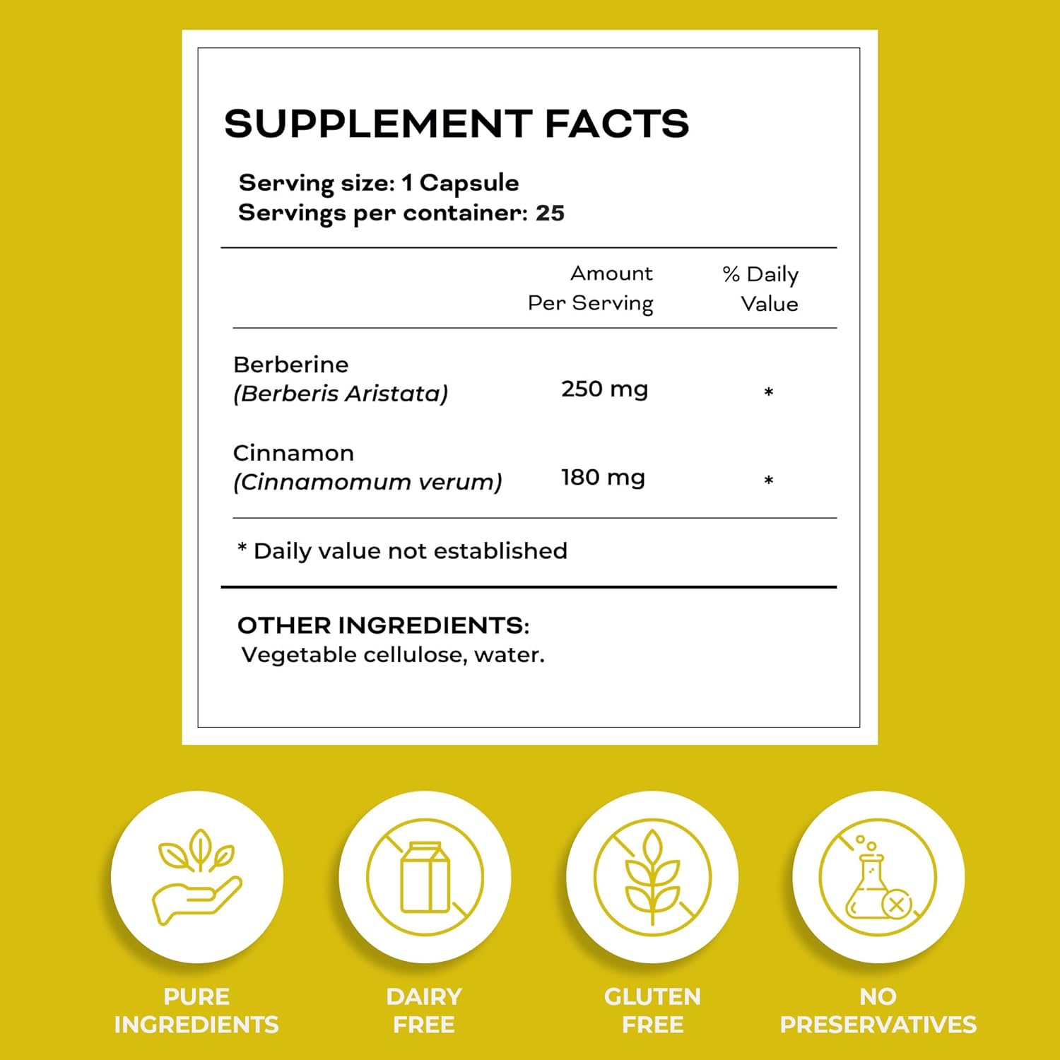 Berberine with Cinnamon Capsules for Healthy Metabolism | Non-GMO, Gluten-Free Supplement | 25 Capsules in Glass Bottle