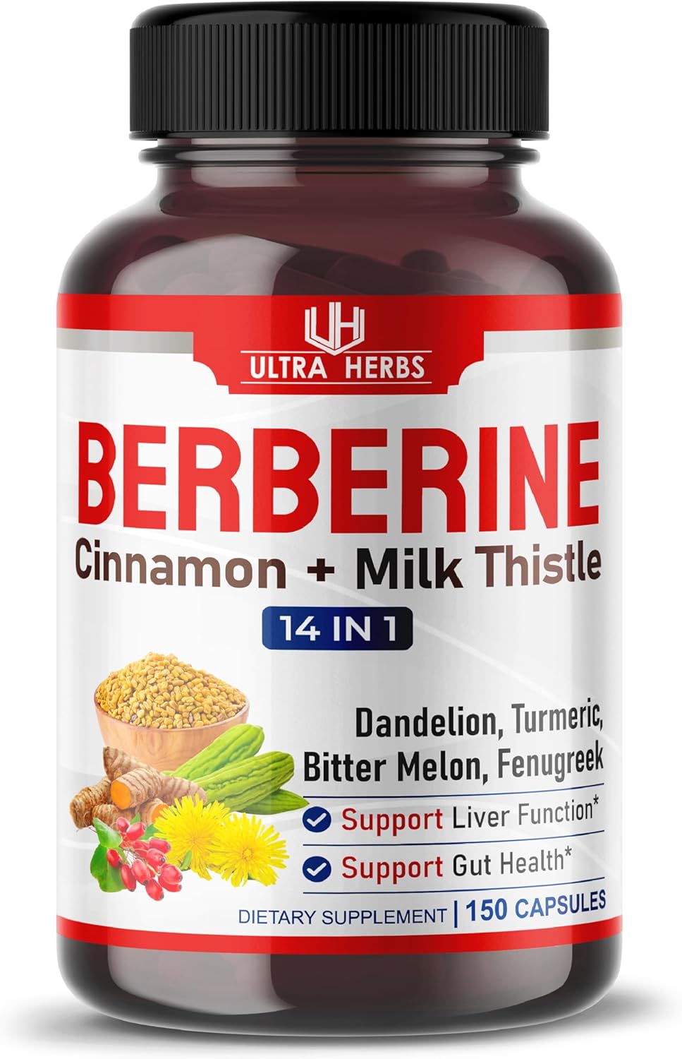 Berberine with Cinnamon, Milk Thistle Capsules - Promotes Liver Function, Gut Health, Immunity - USA Made & Tested - 150 Count