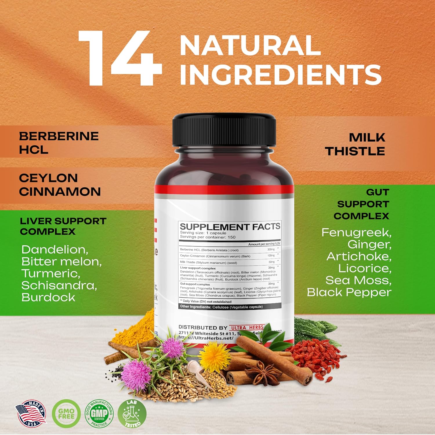 Berberine with Cinnamon, Milk Thistle Capsules - Promotes Liver Function, Gut Health, Immunity - USA Made & Tested - 150 Count