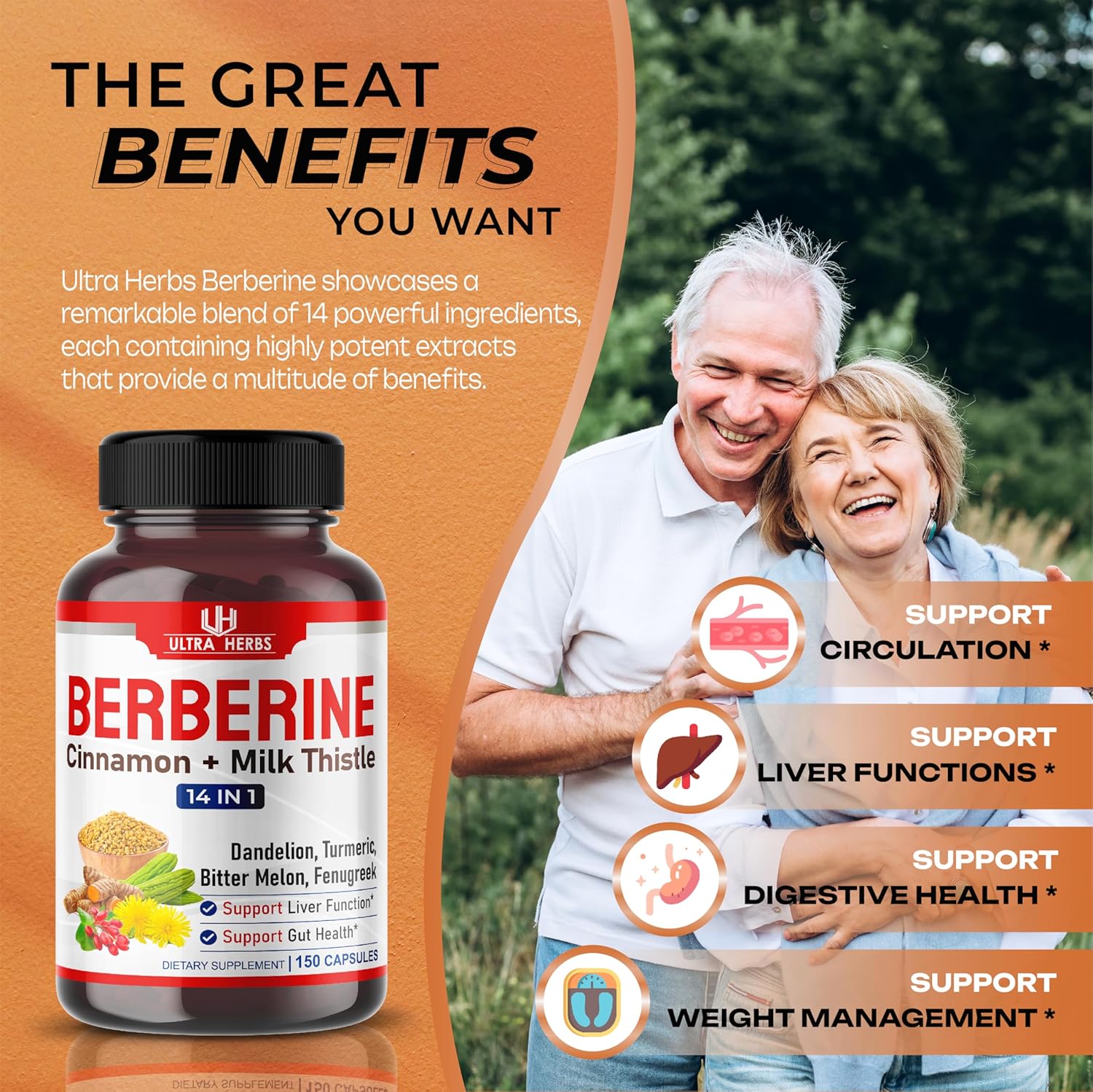 Berberine with Cinnamon, Milk Thistle Capsules - Promotes Liver Function, Gut Health, Immunity - USA Made & Tested - 150 Count