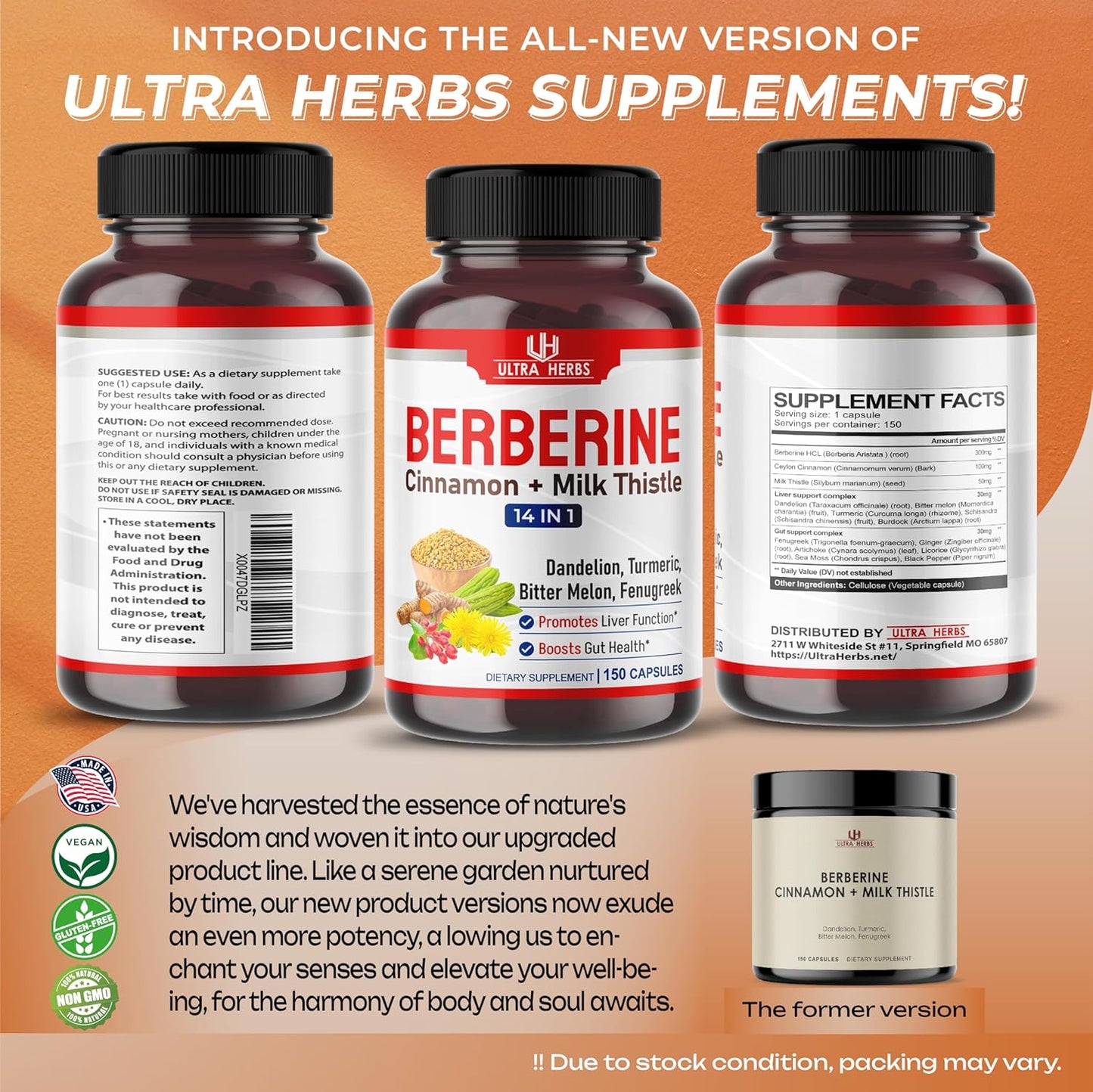 Berberine with Cinnamon, Milk Thistle Capsules - Promotes Liver Function, Gut Health, Immunity - USA Made & Tested - 150 Count