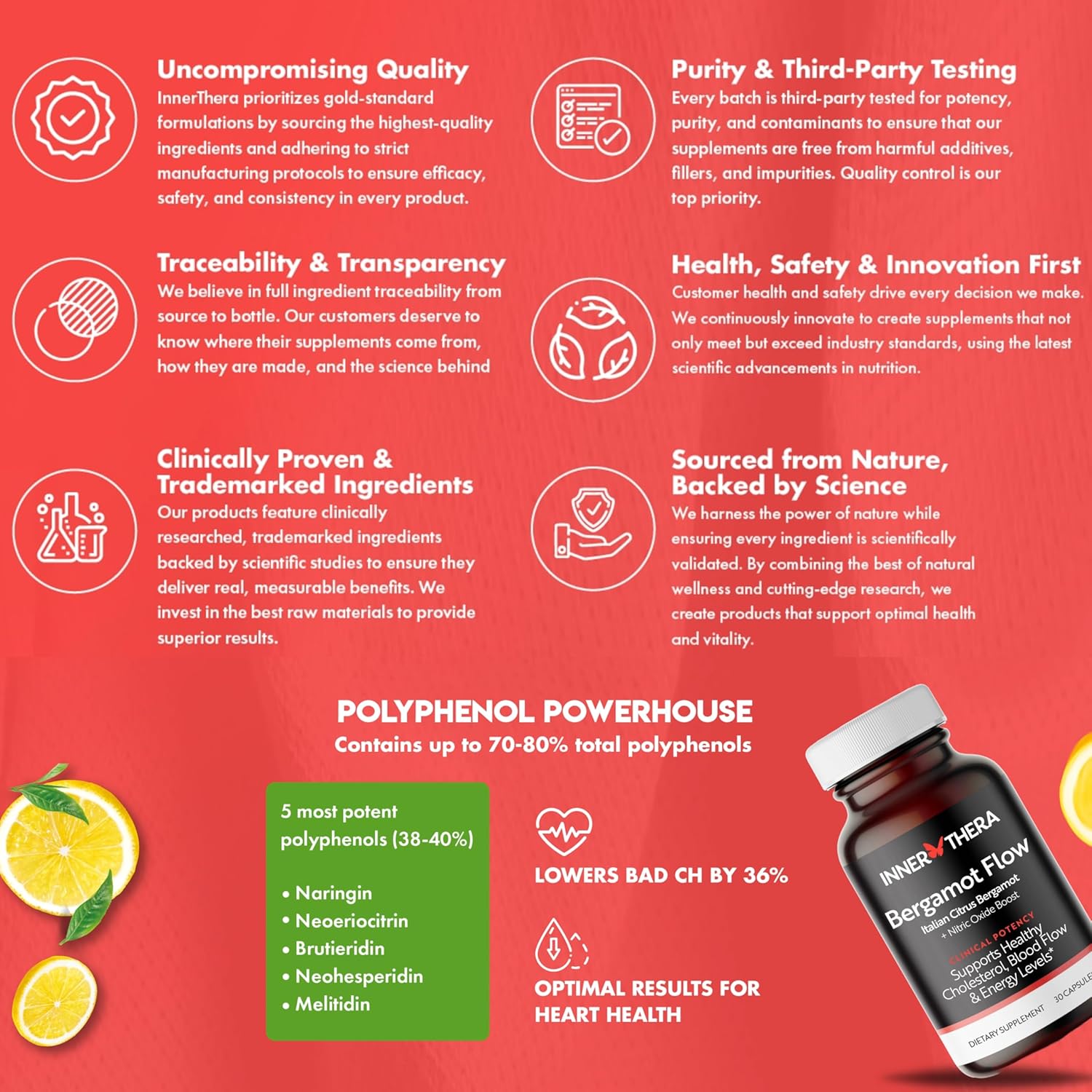 Bergamot Flow Citrus Supplement with Nitric Oxide Boost - Supports Cholesterol and Energy Levels - Non-GMO Vitamin C - Bergamonte Formula