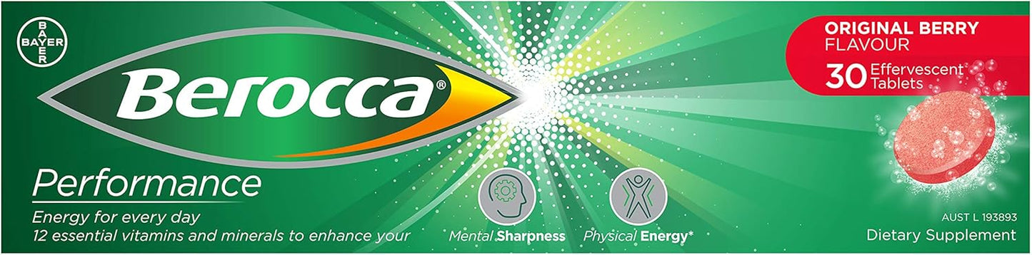 Berocca Performance 30 Effervescent Tablets - Original Berry Flavor, International Formula, No Caffeine