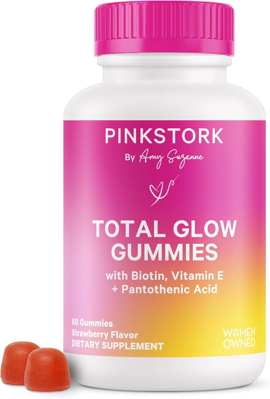 Berry Biotin Gummies for Beautiful Hair, Radiant Skin, and Strong Nails - Hair, Skin, and Nails Vitamins with 11 Nutrients including Biotin, Vitamin A, B6, B12, Folate - 60 Pink Stork Total Glow Gummies