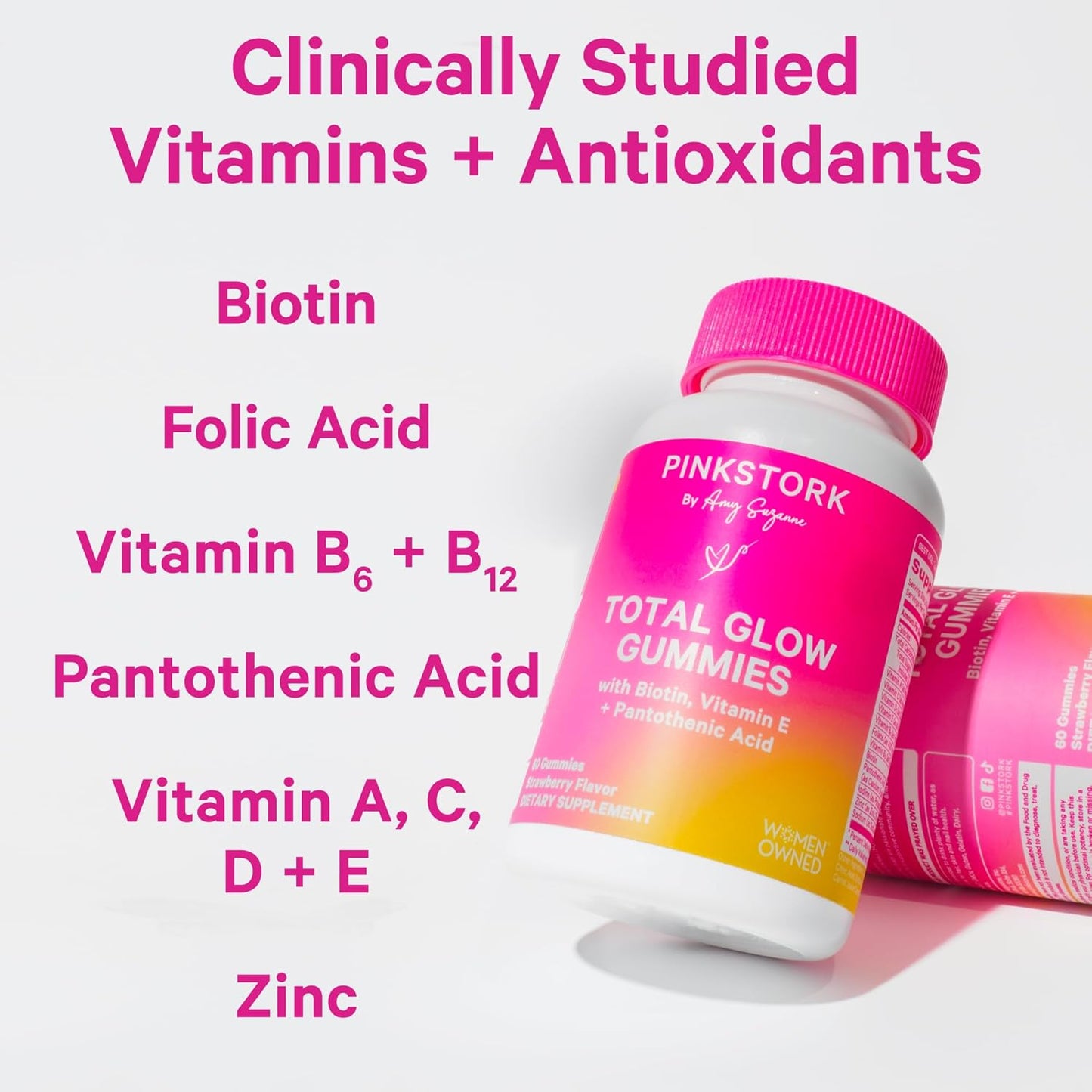Berry Biotin Gummies for Beautiful Hair, Radiant Skin, and Strong Nails - Hair, Skin, and Nails Vitamins with 11 Nutrients including Biotin, Vitamin A, B6, B12, Folate - 60 Pink Stork Total Glow Gummies