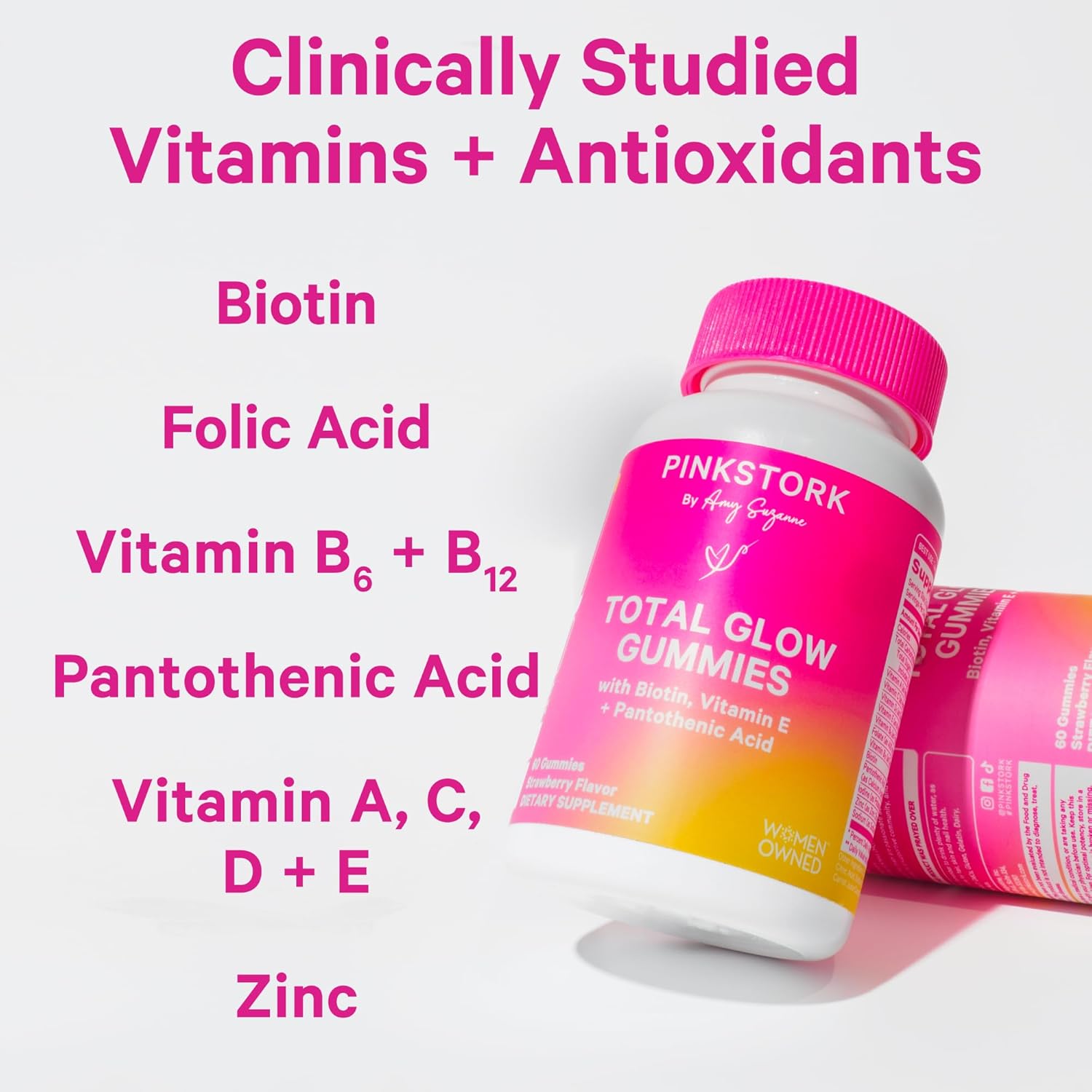 Berry Biotin Gummies for Beautiful Hair, Radiant Skin, and Strong Nails - Hair, Skin, and Nails Vitamins with 11 Nutrients including Biotin, Vitamin A, B6, B12, Folate - 60 Pink Stork Total Glow Gummies