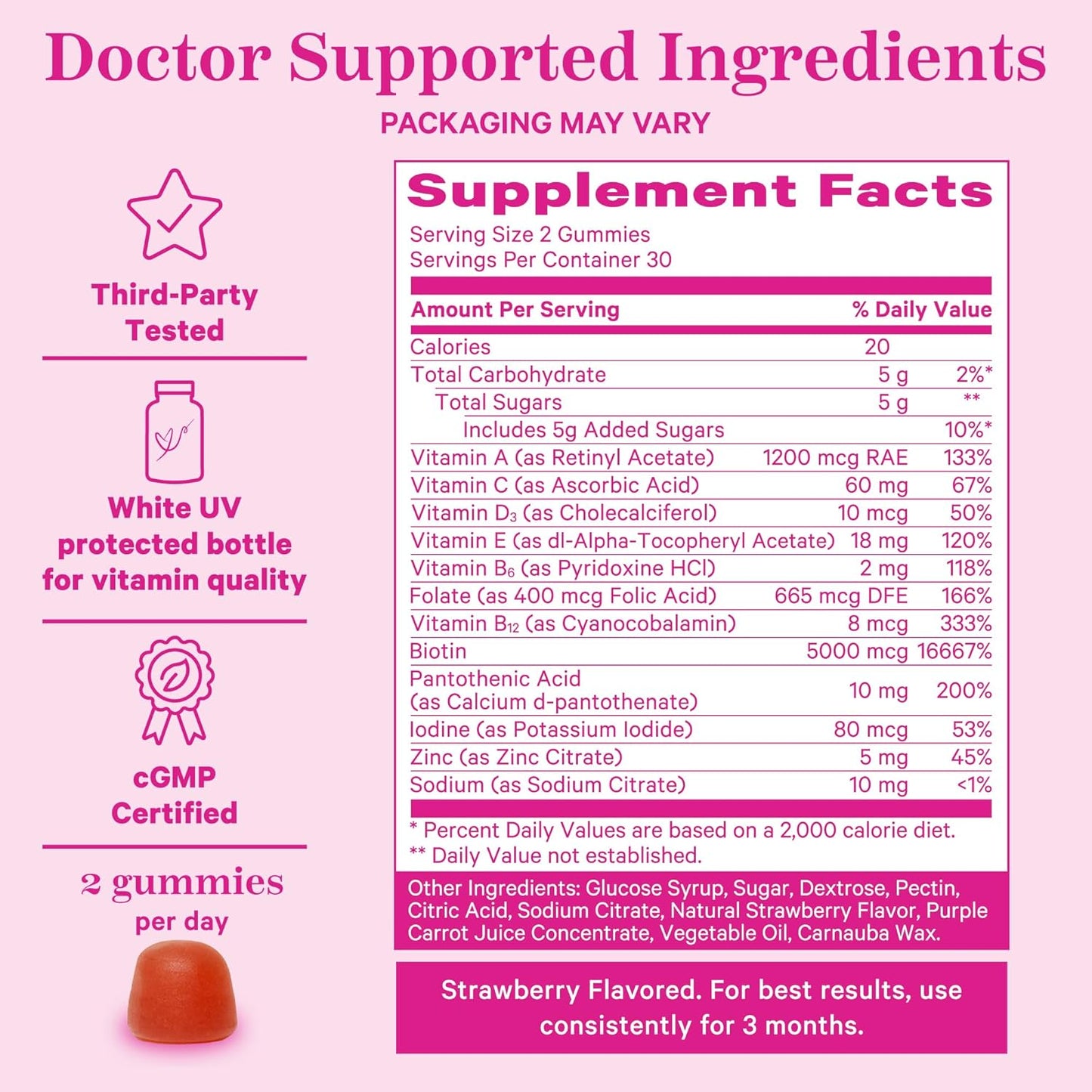 Berry Biotin Gummies for Beautiful Hair, Radiant Skin, and Strong Nails - Hair, Skin, and Nails Vitamins with 11 Nutrients including Biotin, Vitamin A, B6, B12, Folate - 60 Pink Stork Total Glow Gummies